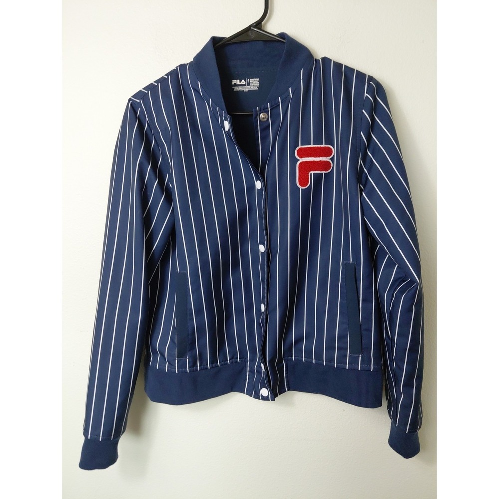 Fila Pinstripe Lakeland Snap Button Jacket Mens Small Navy Baseball Bomber Style
